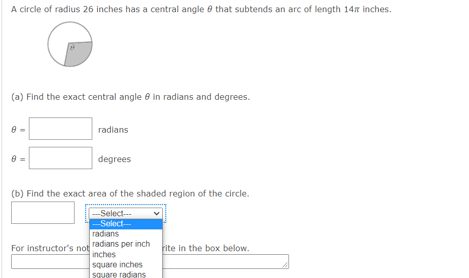 Solved A circle of radius 26 inches has a central angle that | Chegg.com