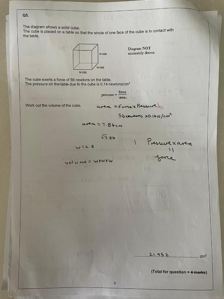 The diagram shows a solid cube.
The cube is placed on a table so that the whole of one face of the cube is in contact with th