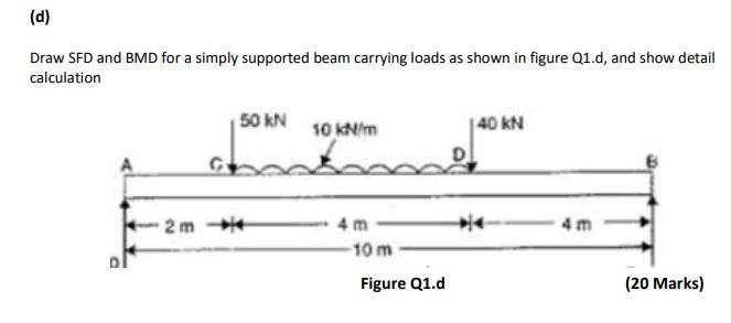 (d)
Draw SFD and BMD for a simply supported beam carrying loads as shown in figure Q1.d, and show detail
calculation
50 kN
10