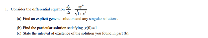 Solved xy+ 1. Consider the differential equation dy dx V1 + | Chegg.com