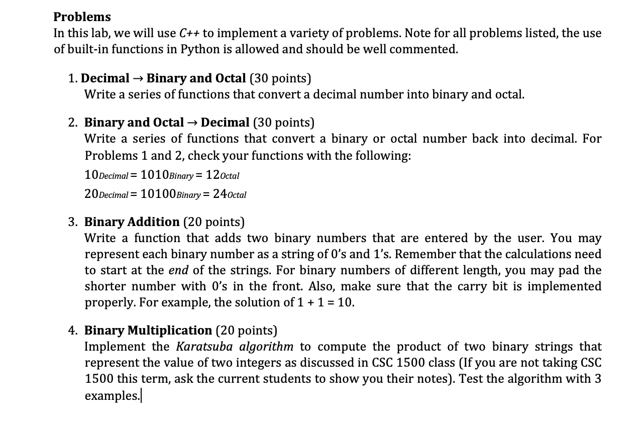 Solved Problems In this lab, we will use C++ to implement a | Chegg.com