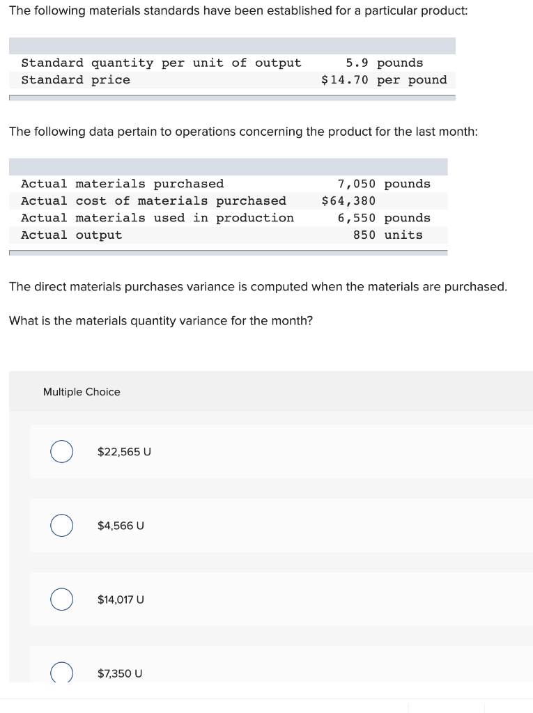 Solved The following materials standards have been | Chegg.com