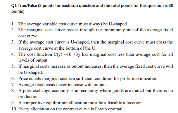 Solved Q1 True/False (3 points for each sub question and the | Chegg.com