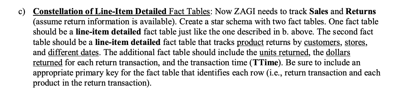 Constellation of Line-Item Detailed Fact Tables: Now ZAGI needs to track Sales and Returns (assume return information is avai