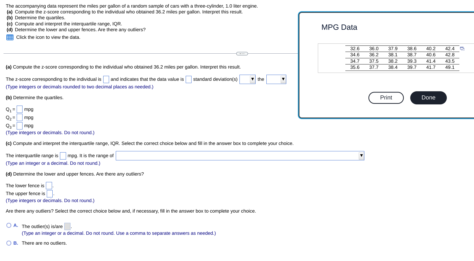 Solved The accompanying data represent the miles per gallon | Chegg.com