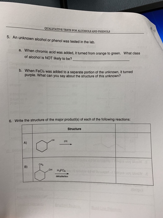 Solved QUALITATIVE TESTS FOR ALCOHOLS AND PHENOLS NAME LAB