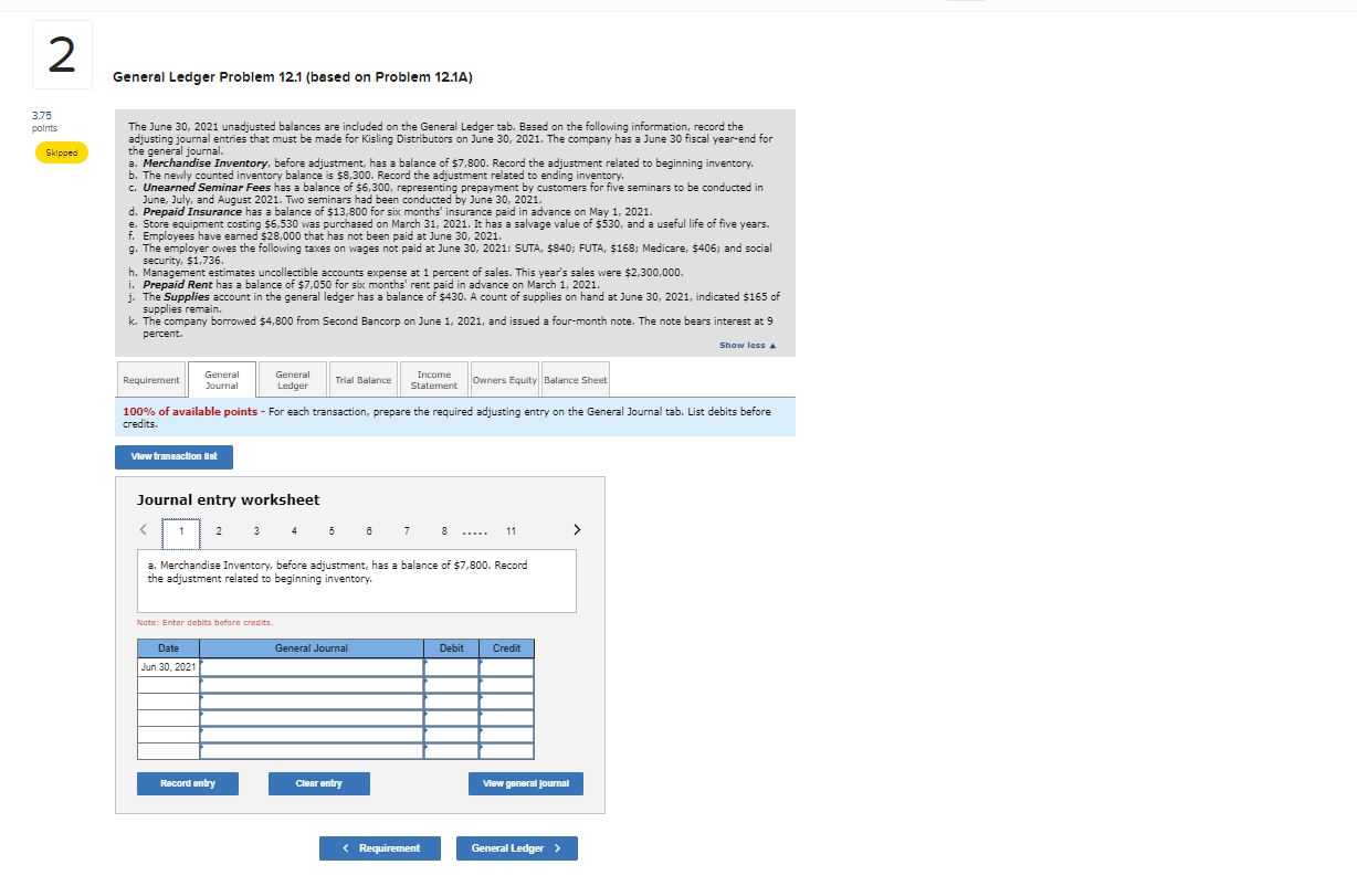 Solved 2 General Ledger Problem 12.1 (based on Problem | Chegg.com