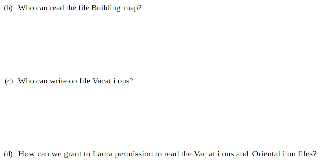 (b) Who can read the file Building map?
(c) Who can write on file Vacat i ons?
(d) How can we grant to Laura permission to re