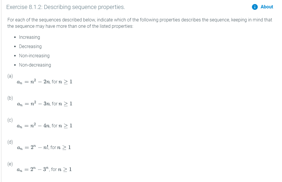 Solved Exercise 8.1.2: Describing sequence properties. About | Chegg.com