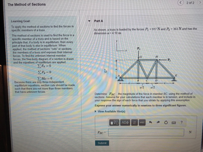 Solved K)2of2 The Method of Sections Learning Goal: Part A | Chegg.com