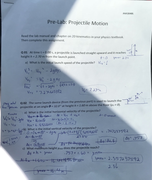 Solved PHY2048L PreLab Projectile Motion Read the lab