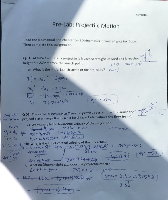 Solved Phy2048l Pre Lab Projectile Motion Read The Lab 3427