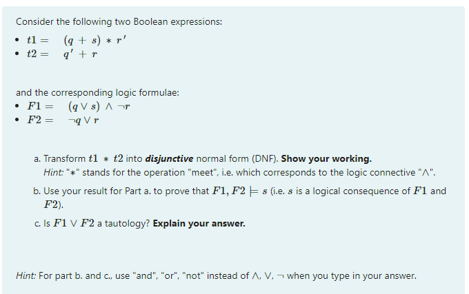 Solved Consider the following two Boolean expressions: • t1 | Chegg.com