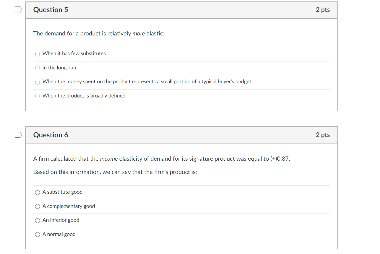 Solved Question 5 2 pts The demand for a product is | Chegg.com