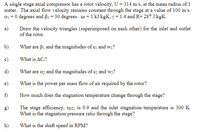 Solved A single stage axial compressor has a rotor velocity, | Chegg.com
