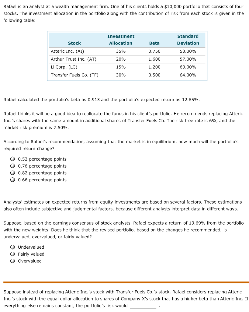 Solved Rafael is an analyst at a wealth management firm. One