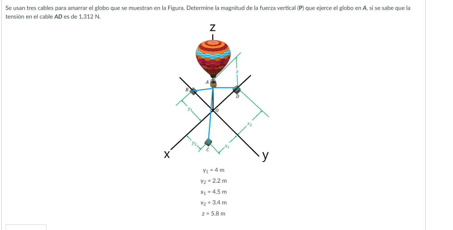 Se usan tres cables para amarrar el globo que se muestran en la Figura. Determine la magnitud de la fuerza vertical (P) que e