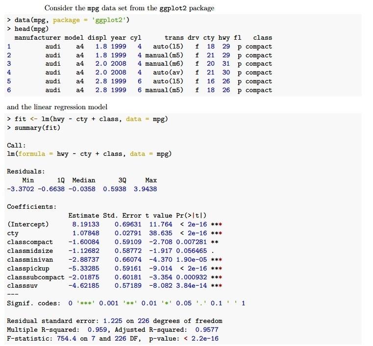 обл во мн Consider the mpg data set from the ggplot2 | Chegg.com