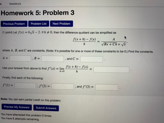 Solved 4 WebWork Homework 5: Problem 3 Previous Problem | Chegg.com