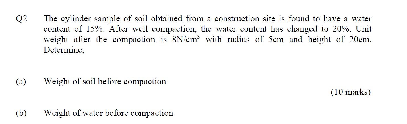 Solved Q2 The cylinder sample of soil obtained from a | Chegg.com