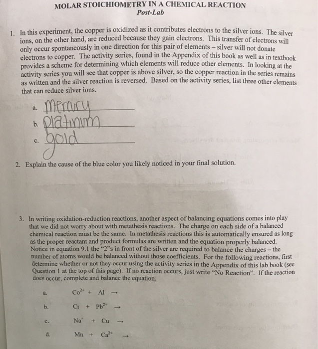 Solved MOLAR STOICHIOMETRY IN A CHEMICAL REACTION PostLa...
