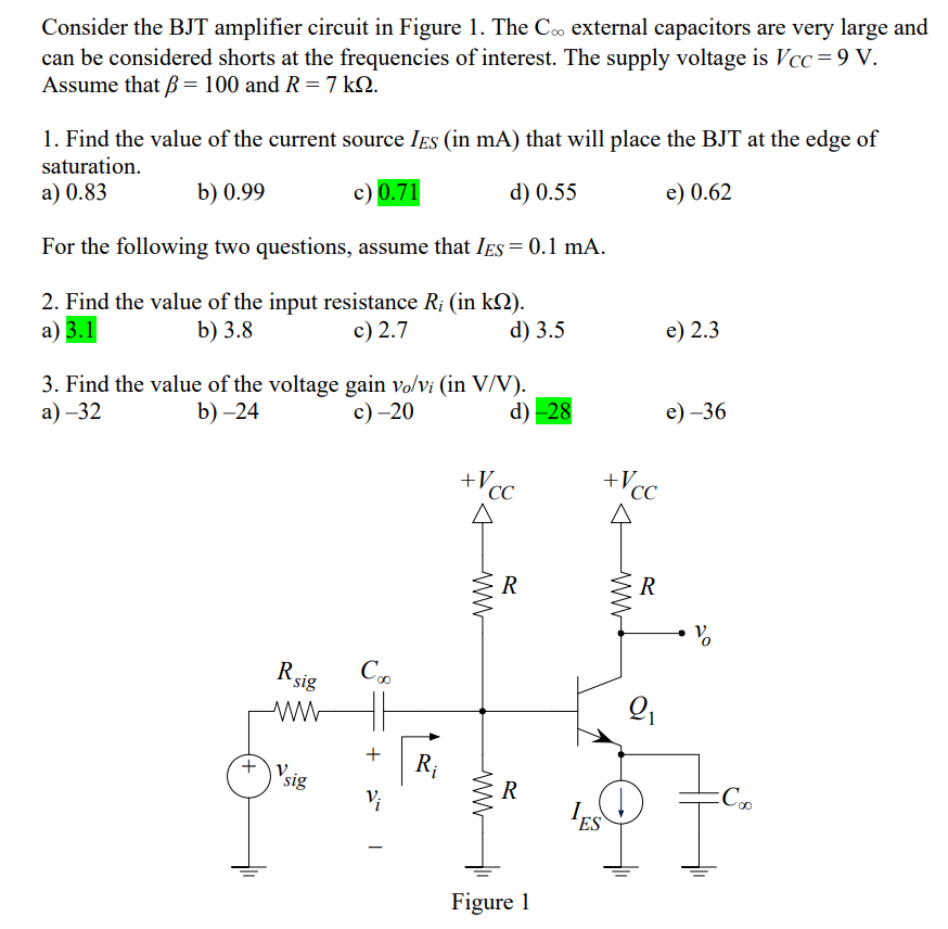 Solved Consider the BJT amplifier circuit in Figure 1. The | Chegg.com