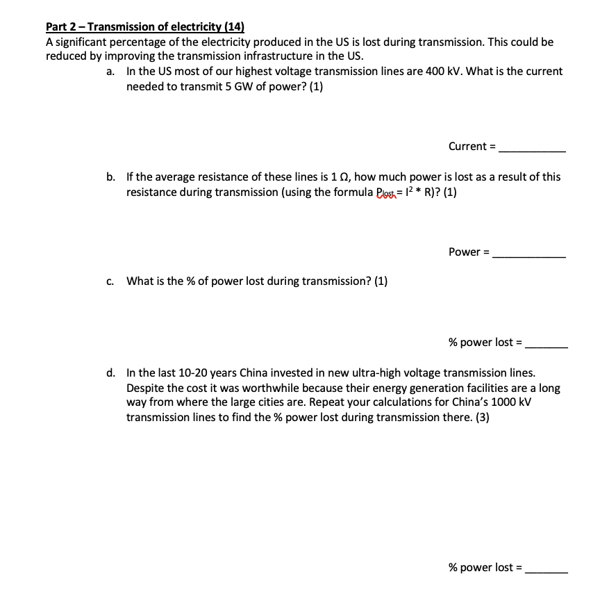 Solved Part 2 Transmission of electricity (14) A