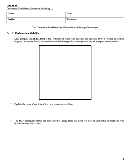 CHEM 237 Discussion Worksheet - Molecular Modeling | Chegg.com