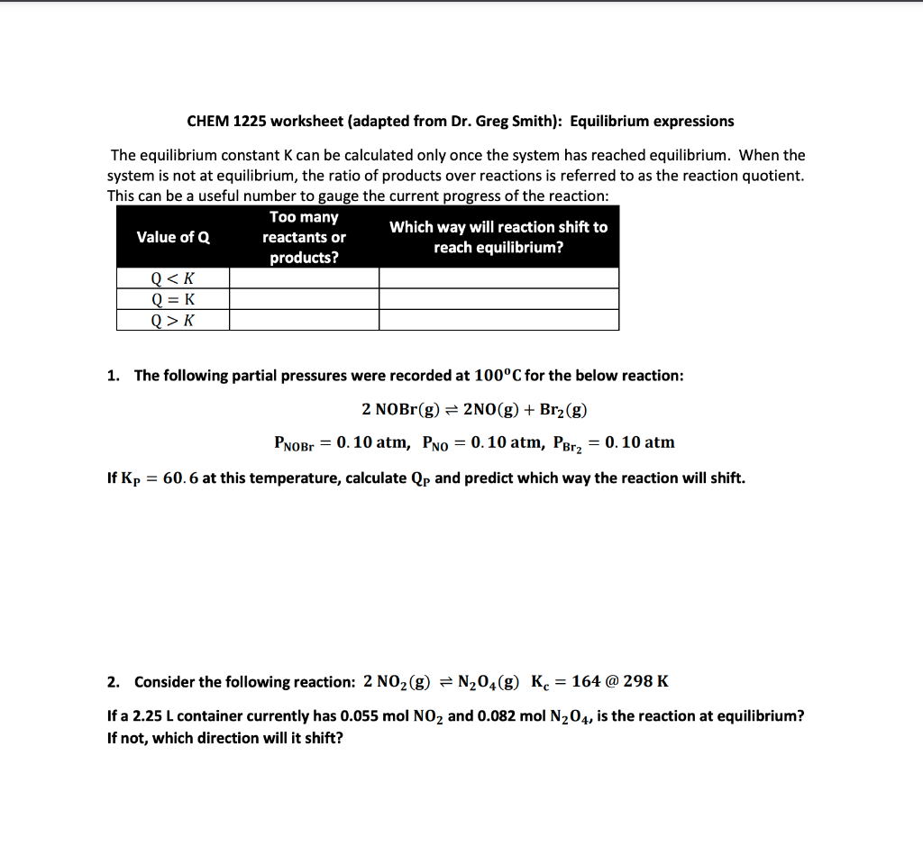 CHEM 1225 worksheet (adapted from Dr. Greg Smith): Equilibrium expressions
The equilibrium constant \( \mathrm{K} \) can be c