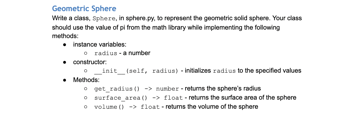 Solved O Geometric Sphere Write a class, Sphere, in | Chegg.com