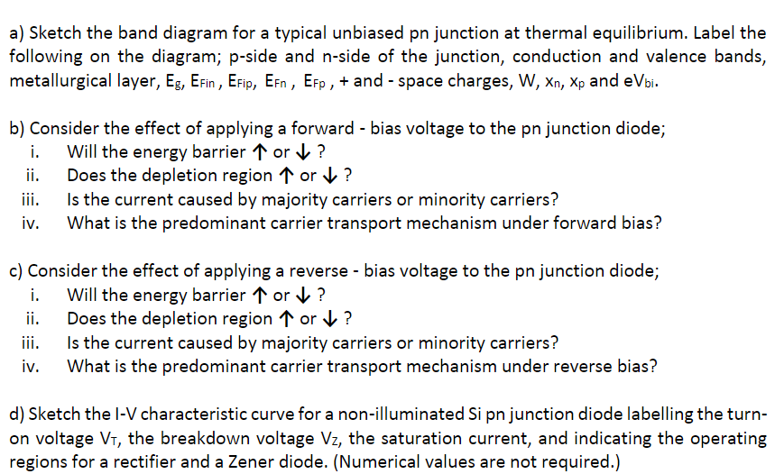 Solved a) Sketch the band diagram for a typical unbiased pn | Chegg.com
