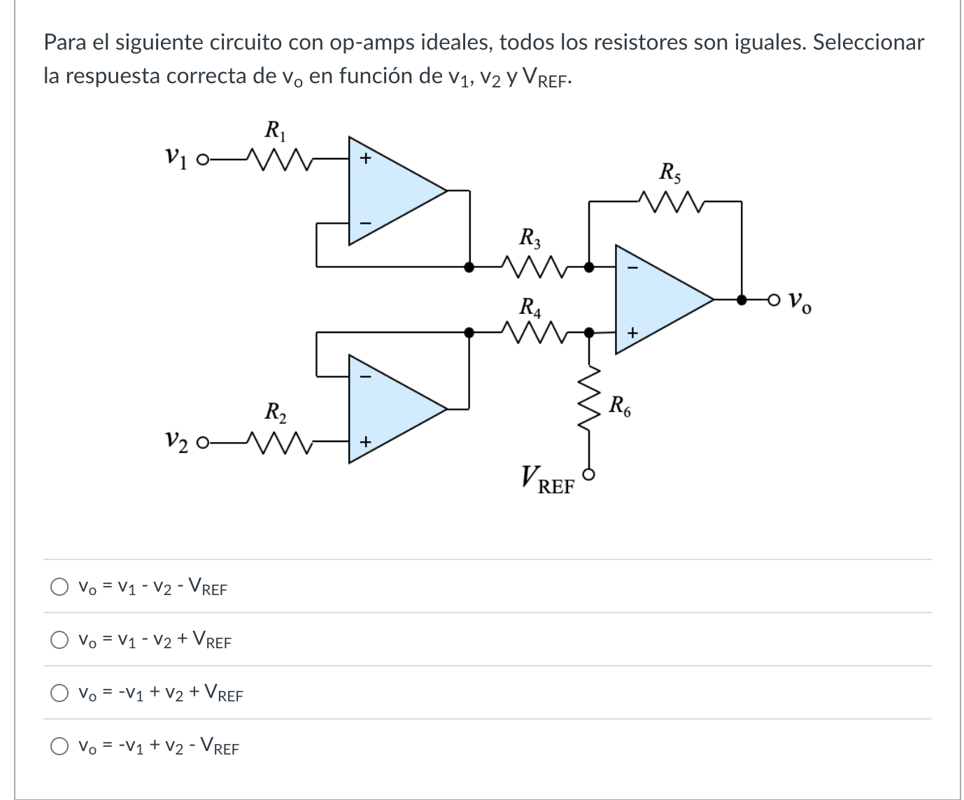 Para el siguiente circuito con op-amps ideales, todos los resistores son iguales. Seleccionar la respuesta correcta de \( v_{