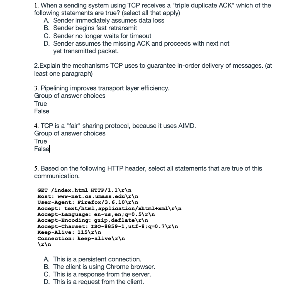 Solved 1. When a sending system using TCP receives a 