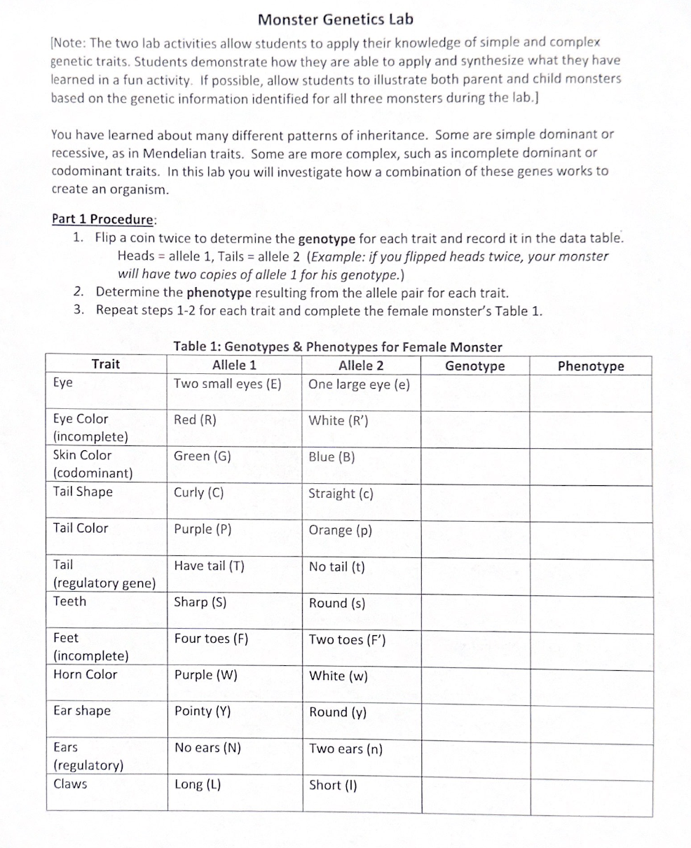 Monster Genetics Lab
[Note: The two lab activities allow students to apply their knowledge of simple and complex genetic trai