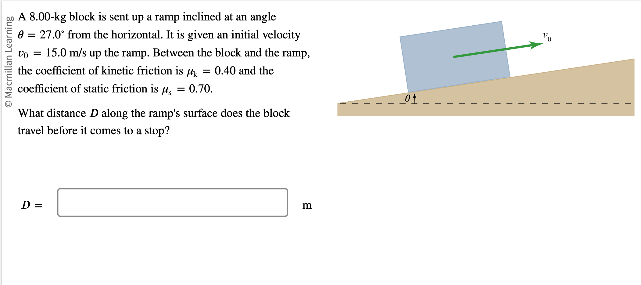 Solved A 8.00−kg block is sent up a ramp inclined at an | Chegg.com