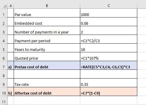 A B 1 Par value 1000 2 Embedded cost 0.06 3 2 4 =c1*C2/C3 Number of payments in a year Payment per period Years to maturity Q