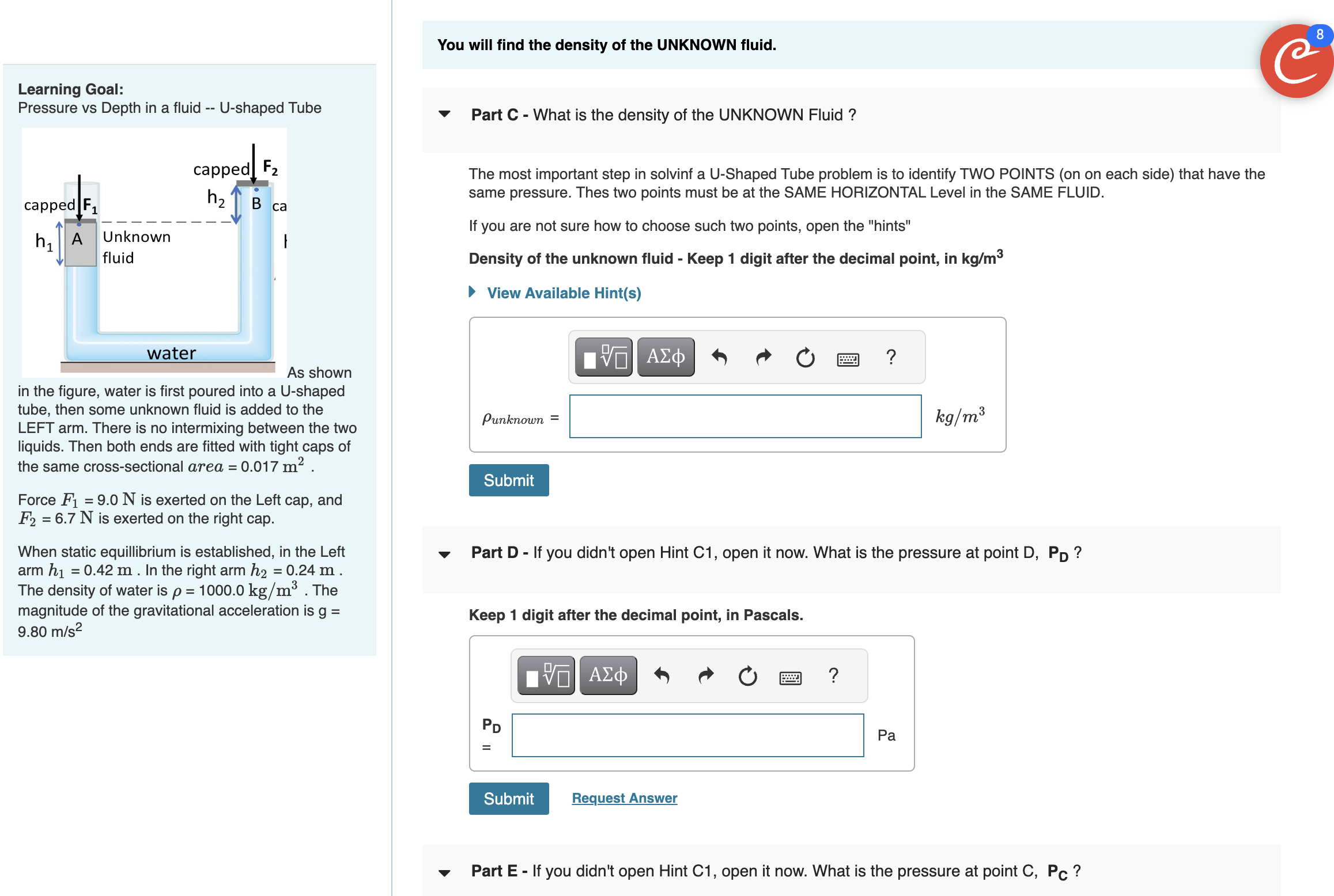 Solved Part A - What is the pressure at point A (right below | Chegg.com