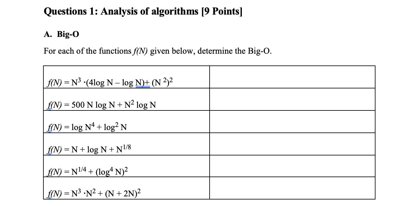 Solved Questions 1: Analysis of algorithms [9 Points] A. | Chegg.com