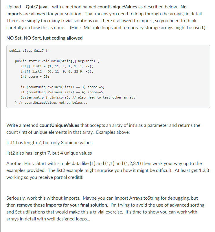 Solved Upload Quiz7.java with a method named | Chegg.com