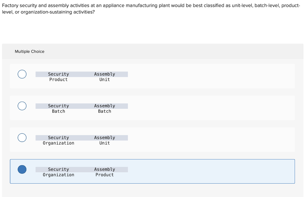Solved Factory security and assembly activities at an