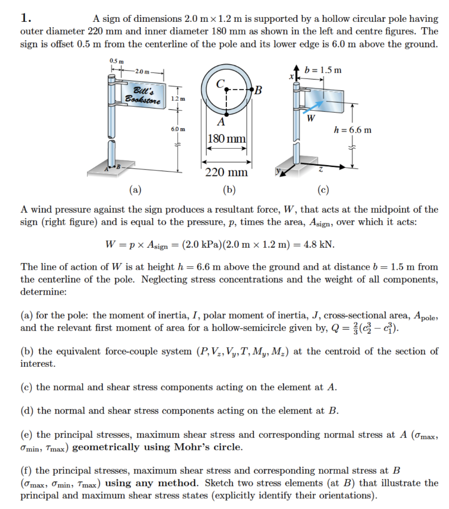 Solved 1. A sign of dimensions 2.0 mx1.2 m is supported by a | Chegg.com