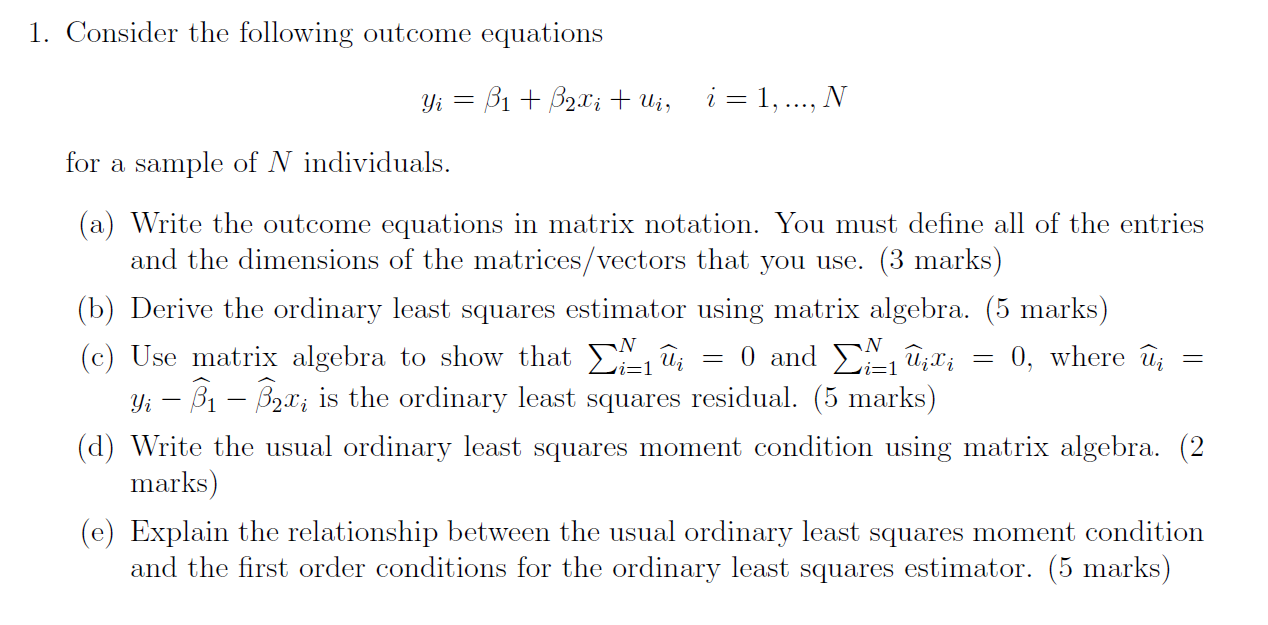 1. Consider the following outcome equations Yi = B1 + | Chegg.com