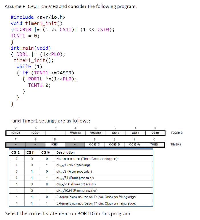 Solved Assume F_CPU =16MHz and consider the following | Chegg.com