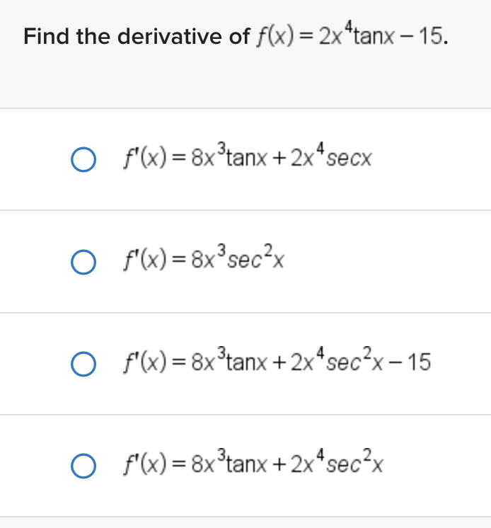 find the derivative of f x )= tanx