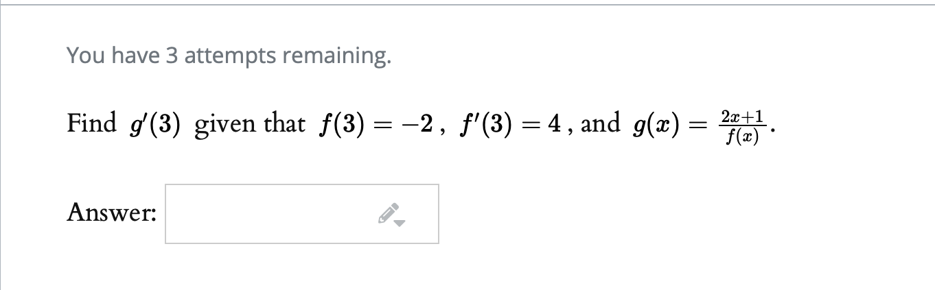 Solved You have 3 attempts remaining. Find g(3) given that | Chegg.com