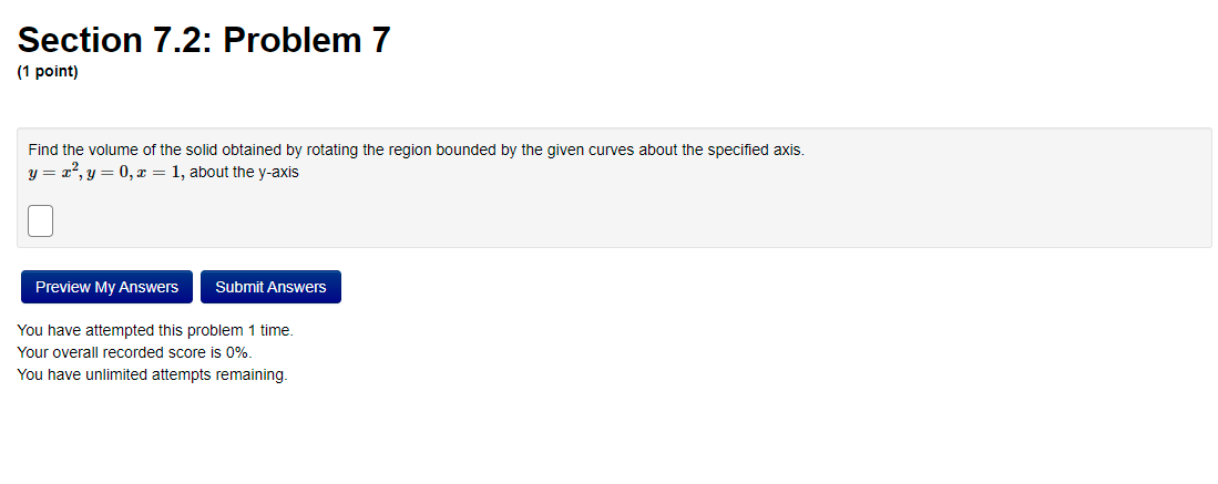 Solved Section 7.2: Problem 7 (1 point) Find the volume of | Chegg.com