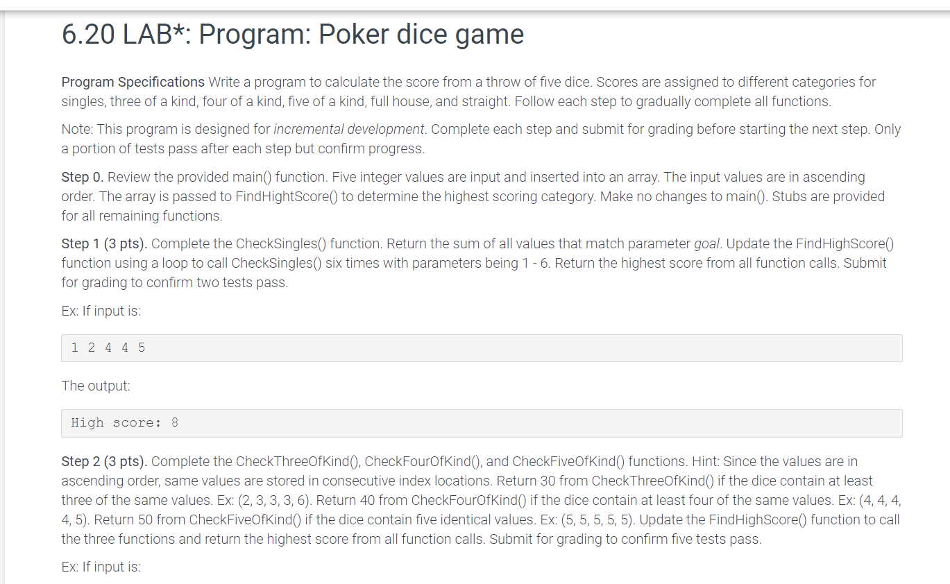 Solved 6.20 LAB*: Program: Poker dice game Program | Chegg.com