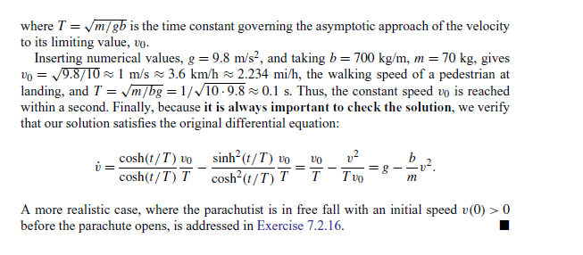 where \( T=\sqrt{m / g b} \) is the time constant governing the asymptotic approach of the velocity to its limiting value, \(