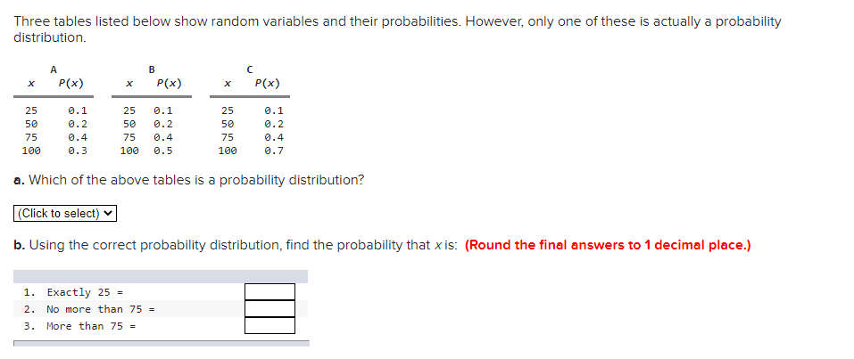 Solved Three tables listed below show random variables and | Chegg.com