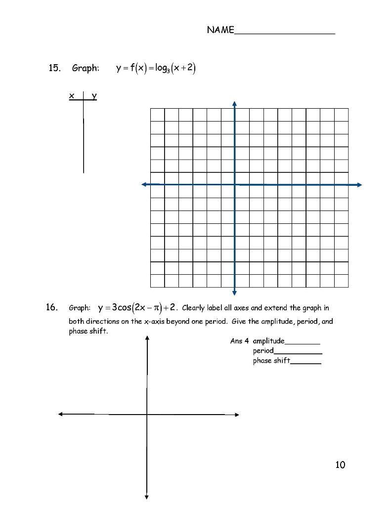 Solved NAME 15. Graph: y=f(x)=1093(x+2) X Y 16. - Graph: y = | Chegg.com